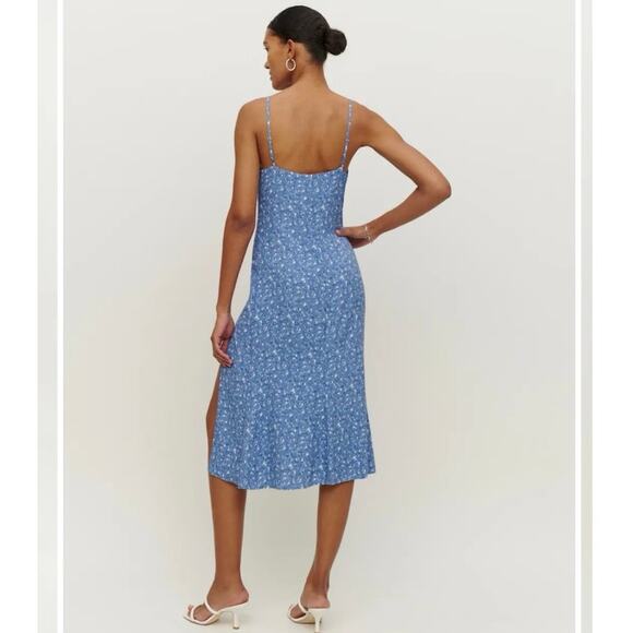 NWOT Reformation Crimini Blue Floral Midi Dress Slit Hem Women’s Size 0 - Picture 5 of 9